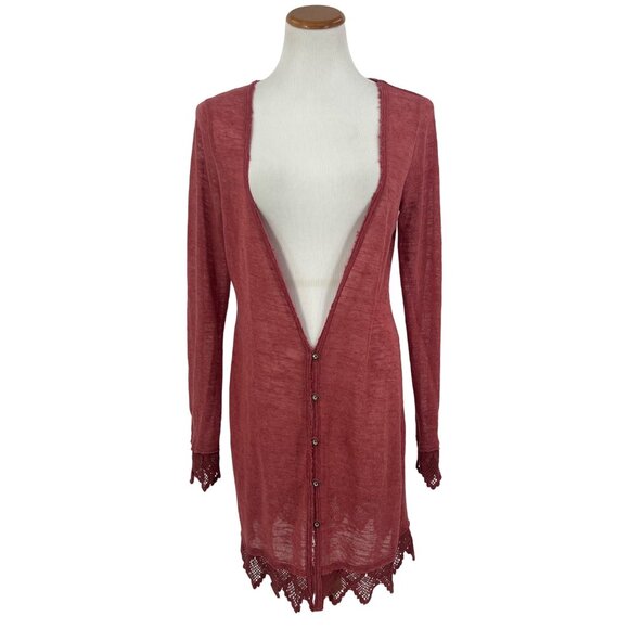 Vtg Y2K Free People Pink Lace Crochet Trim Knit Cardigan | Boho Coastal Grandma - Picture 2 of 16